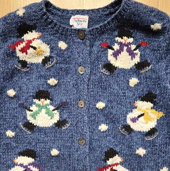 Vintage 1990s Y2K Talbots Kids snowman winter holiday cardigan knit sweater - Picture 2 of 9